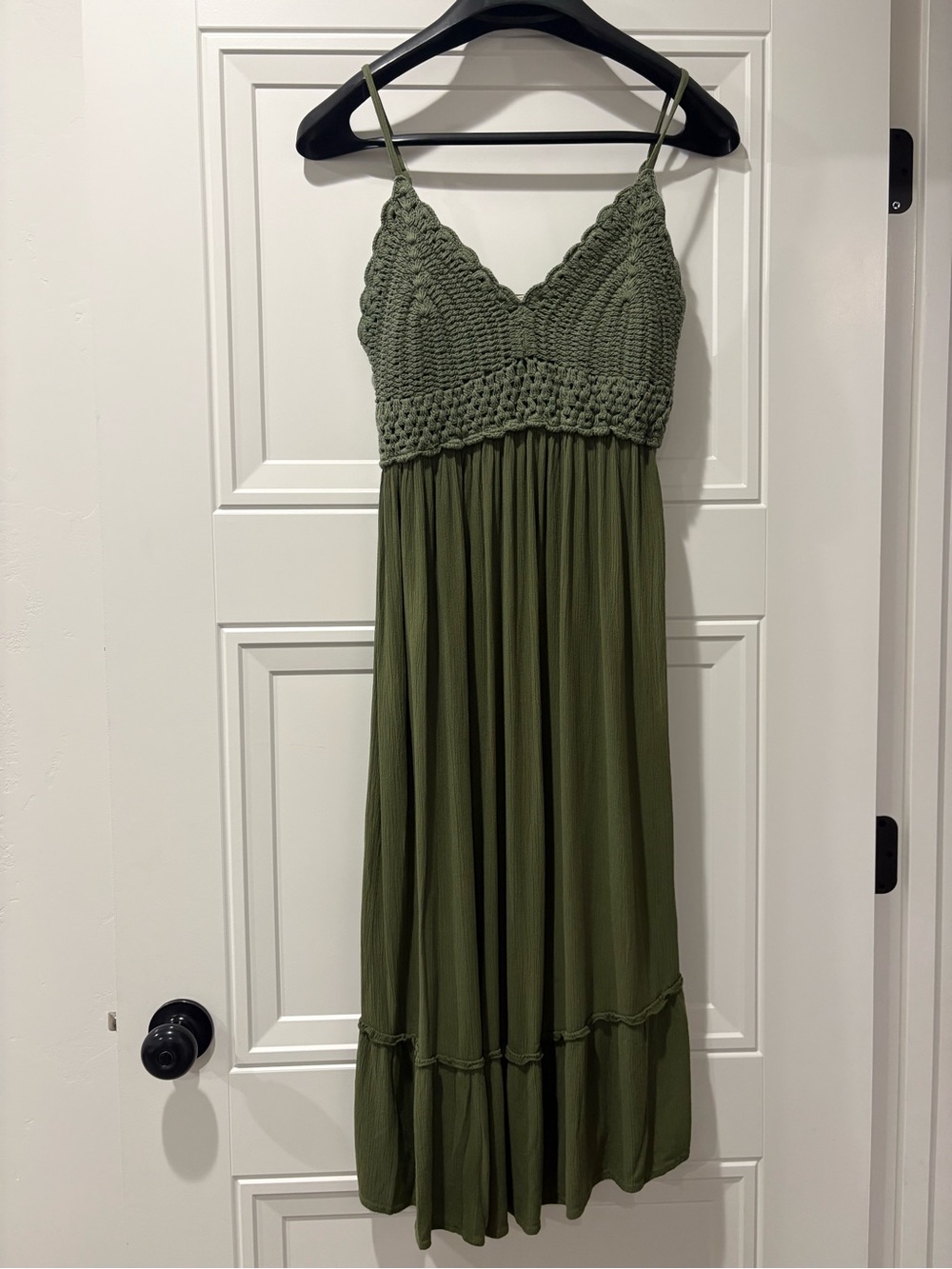 Olive Maternity Dress with Crocheted Top